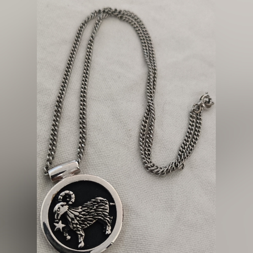 Silver Ram Zodiac Pendant Necklace with Black Inlay